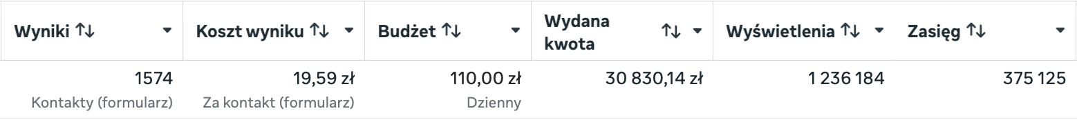 Kampania Meta Ads: 1574 kontakty po 19,59 zł