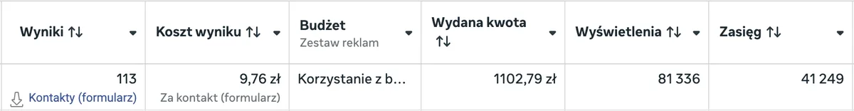 Kampania Meta Ads: 113 kontaktów po 9,76 zł w branży pergoli